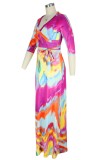Colorful 3/4 Sleeve Belted Maxi Dress