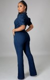 Puff Sleeve Dark Blue Zip Up Belted Flare Denim Jumpsuit