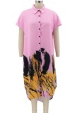 Casual Pink Print Short Sleeves Long Blouse Dress