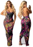 Print Sexy Cross Back Cami Long Dress