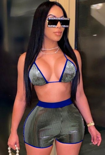 Contrast Blue Bra Top and Shorts Sexy Two Piece Set