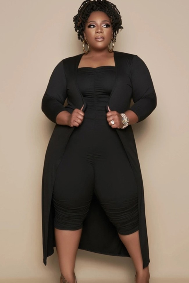 Plus Size Black Strapless Jumpsuit with Matching Long Cardigan Two Piece Set