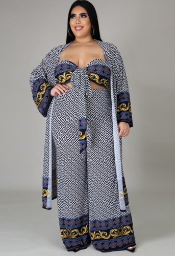 Plus Size Print Bra and Loose Pants with Long Cardigans 3 Piece Set