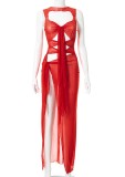 Sexy Hollow Out Red Slit Sleeveless Long Dress