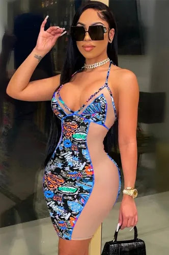 Print Panel Sexy Strap Halter Bodycon Dress