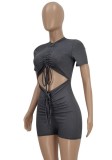 Sexy Grey Short Sleeve Cut Out Ruched Bodycon Rompers