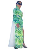 White and Green Print Long Sleeves Dress