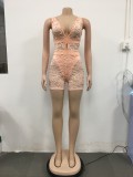 Sexy Transparent Lace Apricot Sleeveless Bodycon Rompers