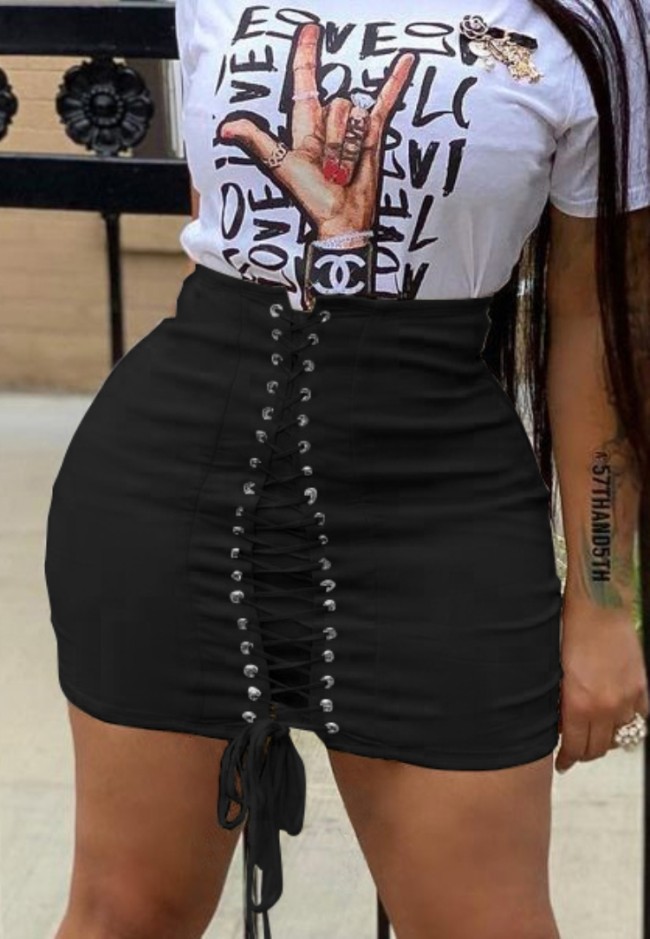 Black Lace Up High Waisted Bodycon Mini Skirt