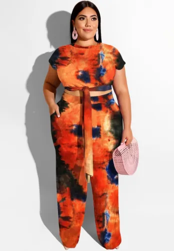 Plus Size Tie Dye Tie-front Crop Top and Matching Pants Two Piece Set