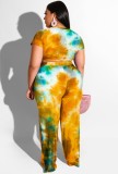 Plus Size Tie Dye Tie-front Crop Top and Matching Pants Two Piece Set
