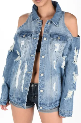 Blue Cold Shoulder Ripped Denim Jacket