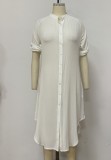 White Cotton Button Slit Long Blouse Dress