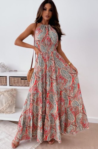 Print Resort Halter Fit and Flare Maxi Dress