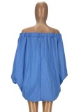 Blue Off Shoulder Puff Sleeve Loose Sexy Dress