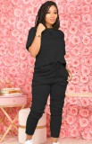 Black Casual Short Sleeve Top and Pants Set