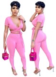 Pink Ribbed Wrap knotted Crop Top and Pants Two Piece Set