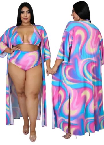 Plus Size Sexy High Waist Rainbow Swimwear and Cover-Up 3PC SET