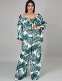 Plus Size Print Green Leaf Crop Top and Matching Loose Pants Two Piece Set