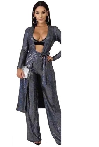 Sequin Purple Bra and Pants with Matching Long Cardigan 3PCS Set