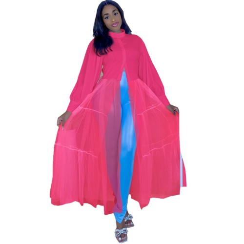 Plus Size Pink Mesh Splicing Puff Sleeve Maxi Dress