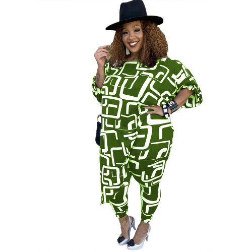 Print Green Asymmetric Long Top and Pants Plus Size Two Pieces