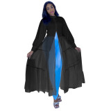 Plus Size Black Mesh Splicing Puff Sleeve Maxi Dress