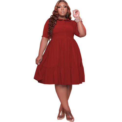 Plus Size Red Half Sleeve Button Up Casual Dress