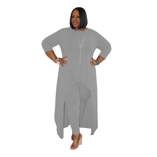 Plus Size Gray High Low Long Top Dress and Pants 2PCS Set