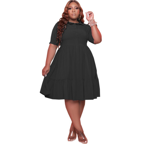 Plus Size Black Half Sleeve Button Up Casual Dress