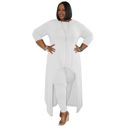 Plus Size White High Low Long Top Dress and Pants 2PCS Set