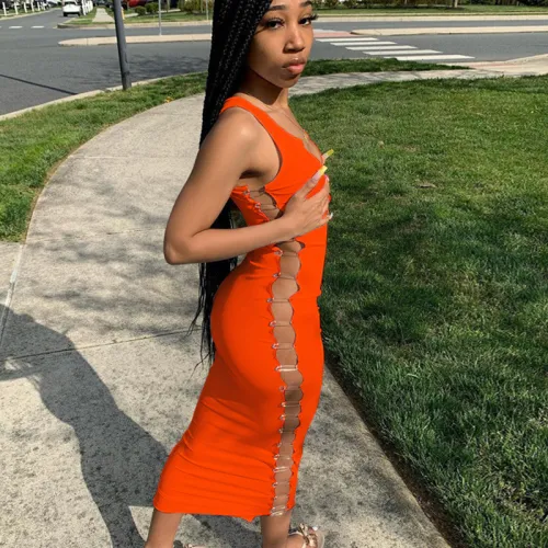 Orange Sexy Sleeveless Hollow Out Sides Midi Bodycon Dress