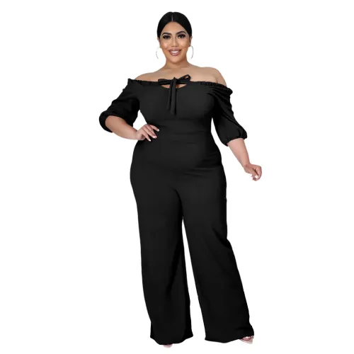 Off Shoulder Black Wide Leg Plus Size Jumpsuit