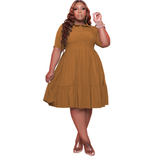 Plus Size Brown Half Sleeve Button Up Casual Dress