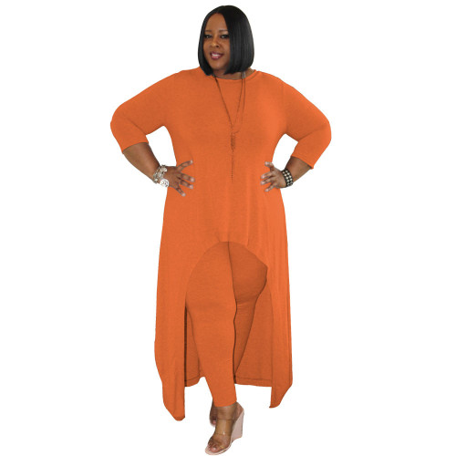 Plus Size Orange High Low Long Top Dress and Pants 2PCS Set