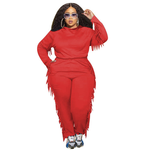 Plus Size Red Tassel Hooded Casual Sweatsuits