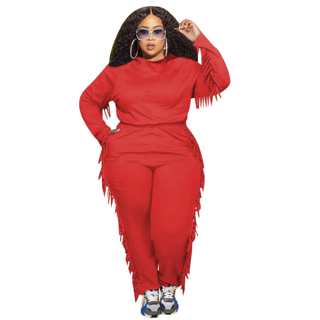 Plus Size Red Tassel Hooded Casual Sweatsuits