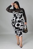 Plus Size Print White & Black Mesh Splicing Bodycon Midi Dress