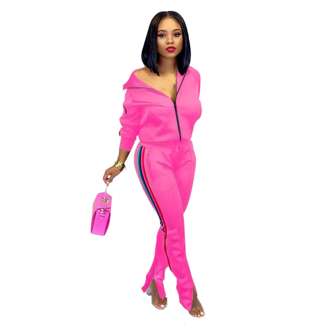 Hot Pink Side Striped Two Piece Slit Bottom Sweatsuits