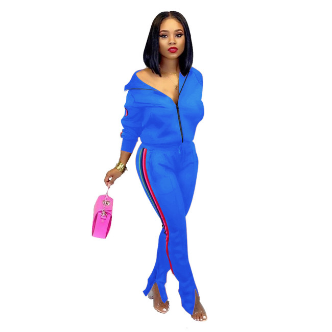 Blue Side Striped Two Piece Slit Bottom Sweatsuits