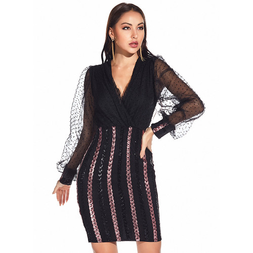 Black Sequin V-Neck Dobby Mesh Sleeve Bodycon Dress