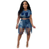 Fake Denim Print Crop Top and Tassel Shorts Two Pieces