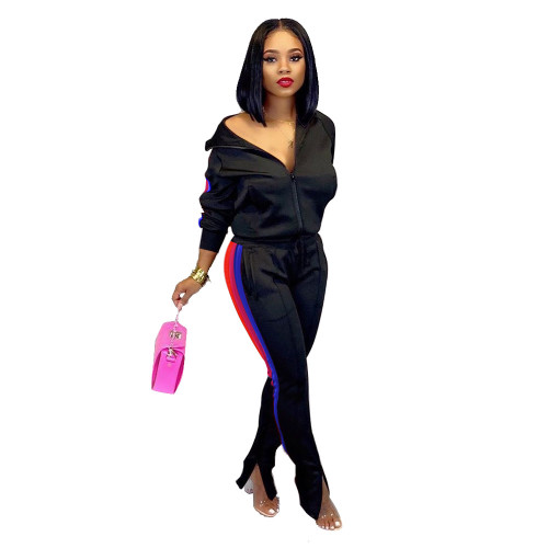 Black Side Striped Two Piece Slit Bottom Sweatsuits