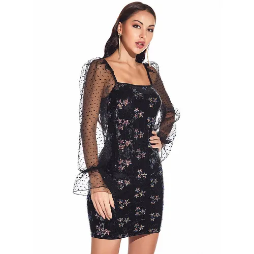 Sequin Embellished Square Neck Mini Dress with Mesh Sleeves