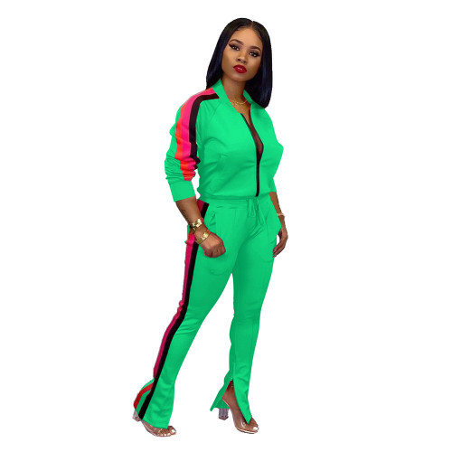 Green Side Striped Two Piece Slit Bottom Sweatsuits