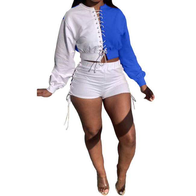 Autumn Blue and White Lace Up Crop Top and Shorts Set