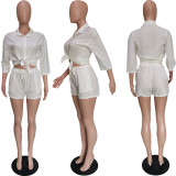 White 3/4 Sleeve Blouse and Shorts Two Piece Set