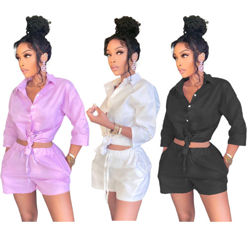 Lilac 3/4 Sleeve Blouse and Shorts Two Piece Set