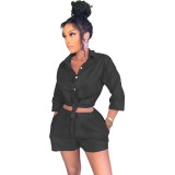 Black 3/4 Sleeve Blouse and Shorts Two Piece Set