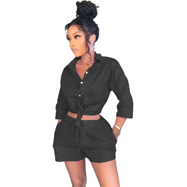 Black 3/4 Sleeve Blouse and Shorts Two Piece Set
